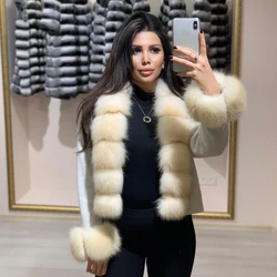 Women Short Jacket Real Rex Rabbit Fur Collar Cuffs Sweaters Natural Fox Fur Best selling styles