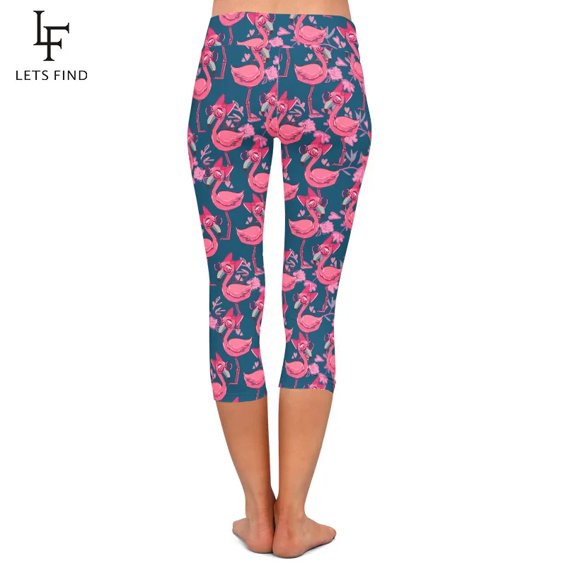 LETSFIND Summer New 3D Hand Drawn Cute Pink Flamingo Print Women Capri Leggings High Waist Soft Fitness Leggings