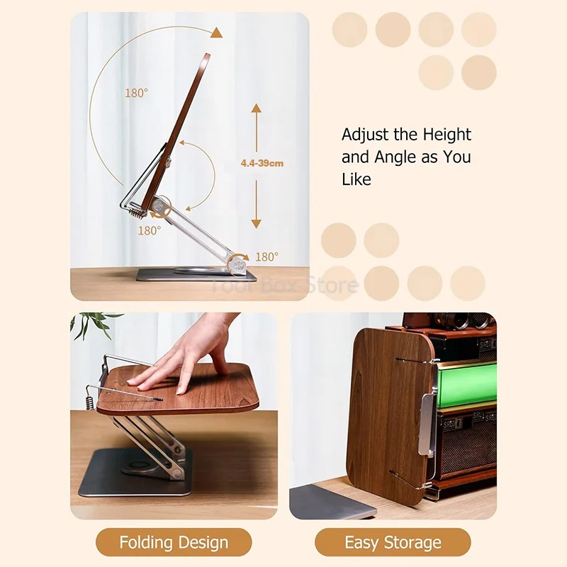 Wood Reading Stand Adjustable Desktop Bookshelf with 360 Rotating Base Foldable Laptop Stand Small Table with Book Holder