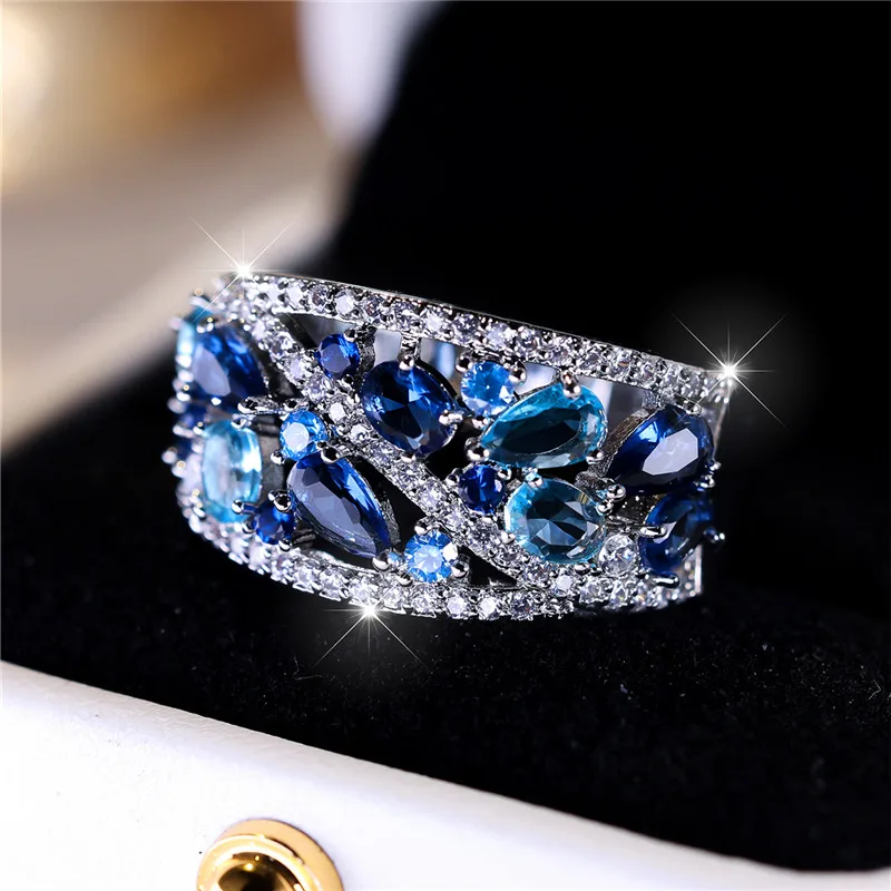 Luxury Female Blue Zircon Stone Ring Trendy Silver Color Engagement Cute Bride Wedding Jewelry Gift For Women