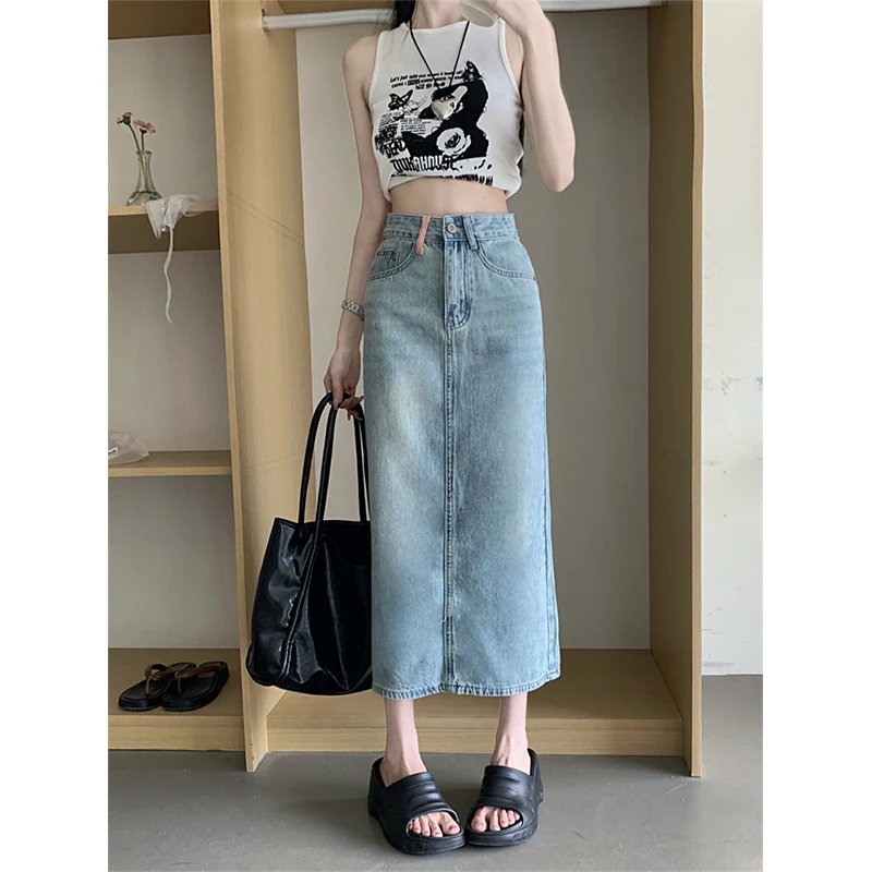 Denim Skirt 2023 New Blue Summer Large Women's Retro Pocket Embroidery Loose Fashion Versatile Split Hip Wrap Mid length Dress