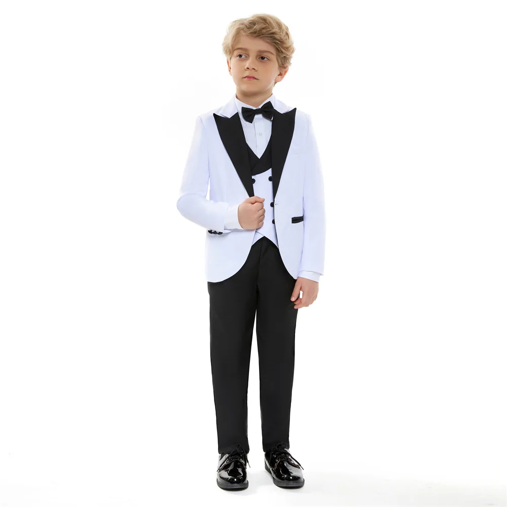 New Summer White Prom Suit for Boys 4 Piece Jacket Vest Pants Set Children Gift Peaked Lapel Blazer Kids Outfit Costume Birthday