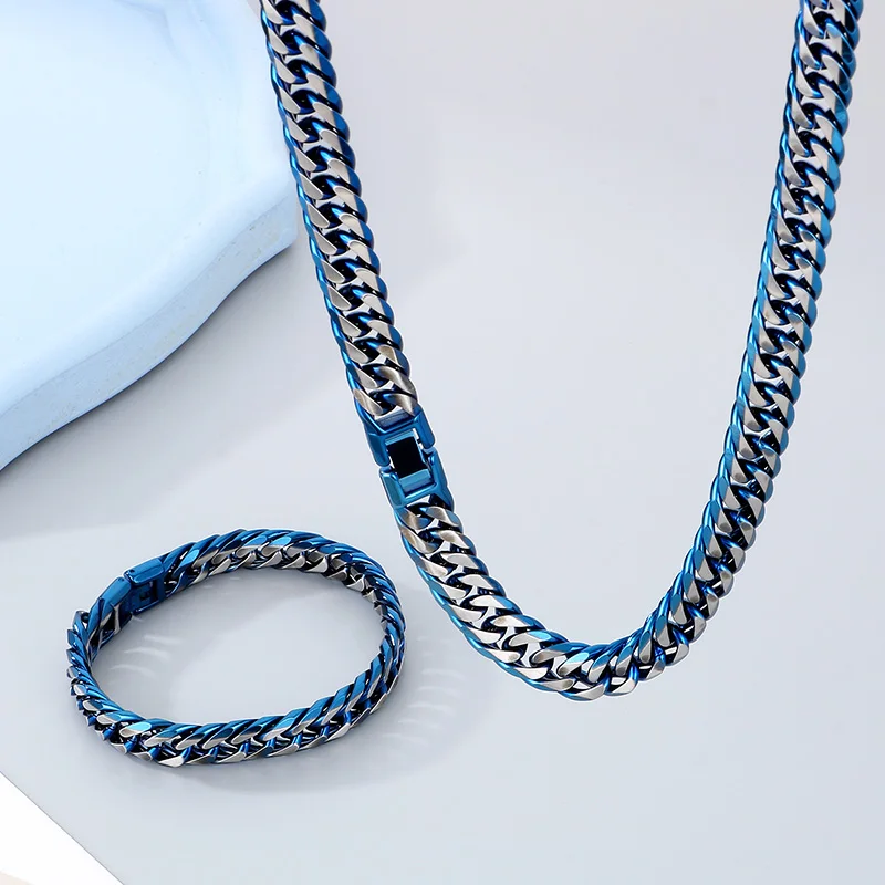 High Quality 12mm Wide Cuban Chain Bracelet Necklace for Men Creative Stainless Steel Two Tone Figaro Bracelet Men's Charm Gift