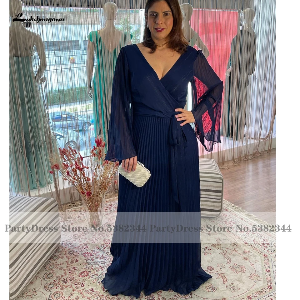 Plus Size Mother Of The Bridal Dresses Long Sleeves Ruched Navy Blue Chiffon Dress Women For Wedding Party 2022 - Mother Of The Bride Dresses - AliExpress