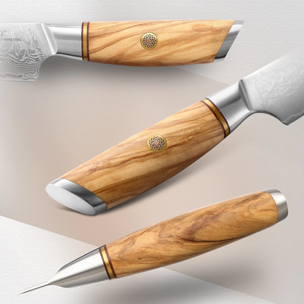 1PC-3PCS Damascus Japanese VG10 Steel Chef Knife Santoku Knife Utility Olive Wood Handle Copper Flower Nails