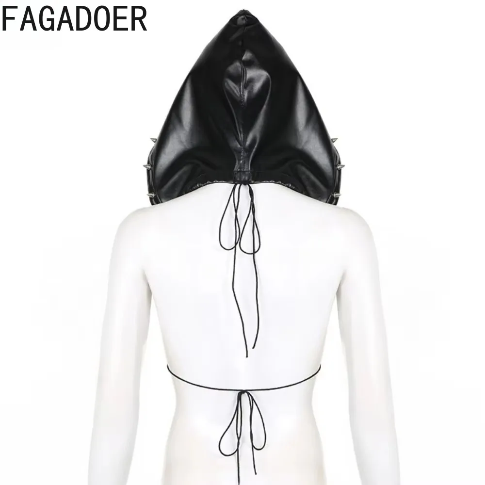 FAGADOER Punk Sexy Leather Pleated Mini Skirts Two Piece Set Women Hooded Backless Lace Up Crop Top And Skirts Nightclub Outfit 3