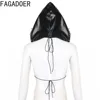 FAGADOER Punk Sexy Leather Pleated Mini Skirts Two Piece Set Women Hooded Backless Lace Up Crop Top And Skirts Nightclub Outfit 3