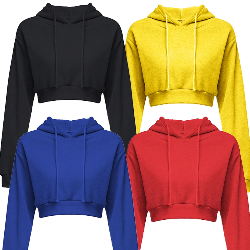 

Fashion Womens Sexy Casual Long Sleeve Hooded Short Sweatshirt Plain Crop Tops Pullover Hooded Sweatshirt Cropped Hoodie