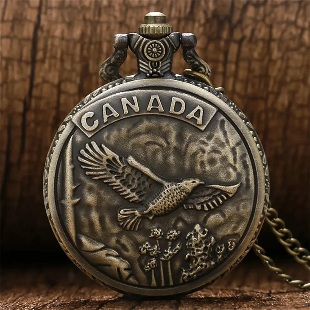 

Vintage Bronze CANADA Eagle Design Pocket Watch Quartz Necklace Pocket Clock Souvenir Gifts for Men Women reloj de bolsillo