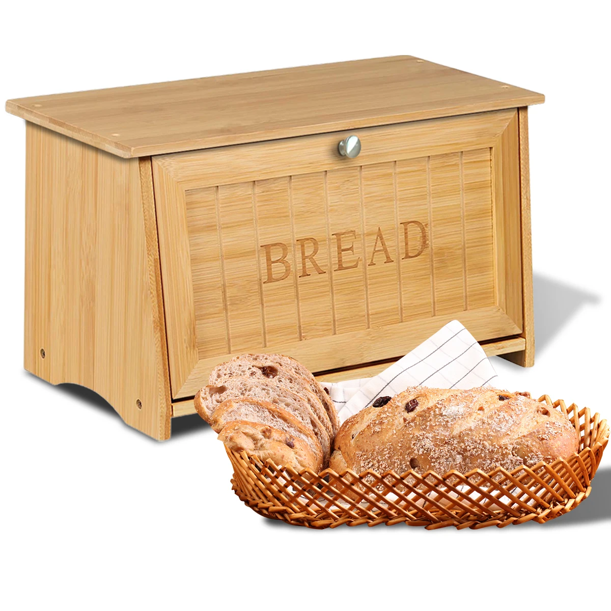 Bamboo Bread Storage Box With Lid,Household Kitchen Counter Large Capacity Food Storage Box,Top Floor Can Hold Sundries 4