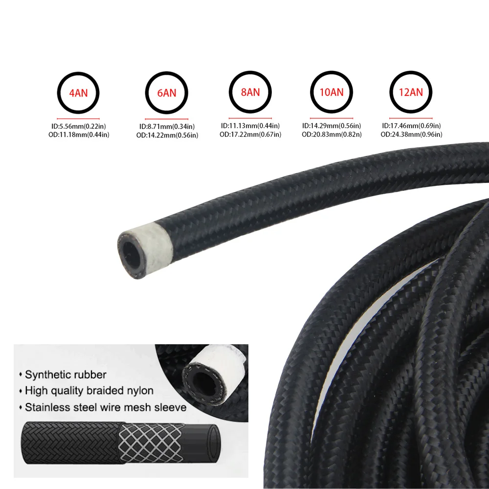 1M/3M AN4 AN6 AN8 AN10 AN12 Fuel Hose Oil Gas Cooler Hose Line Pipe Tube Nylon Stainless Steel Braided Inside CPE Rubber aluminum hose fitting