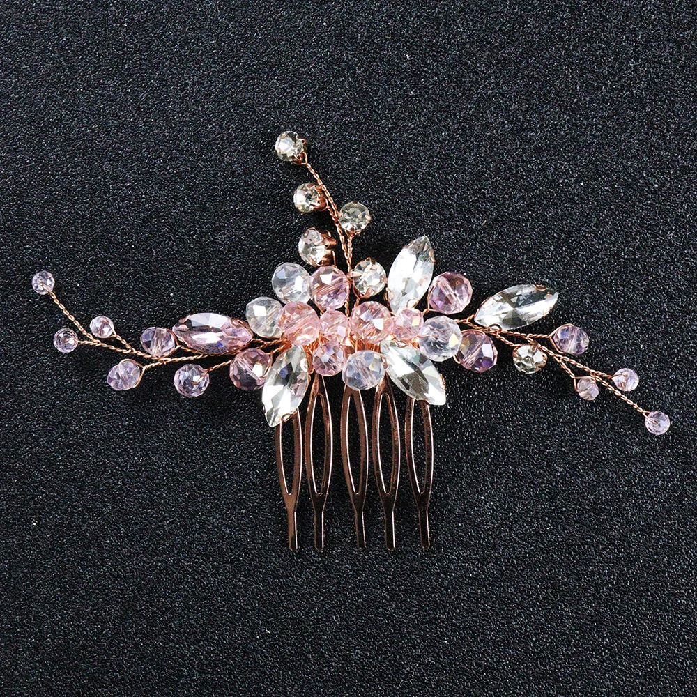 Rose Gold Crystal Hair Comb Elegant Flower Hair Jewelry Female Festival Headpieces Women Wedding Accessories for Bride