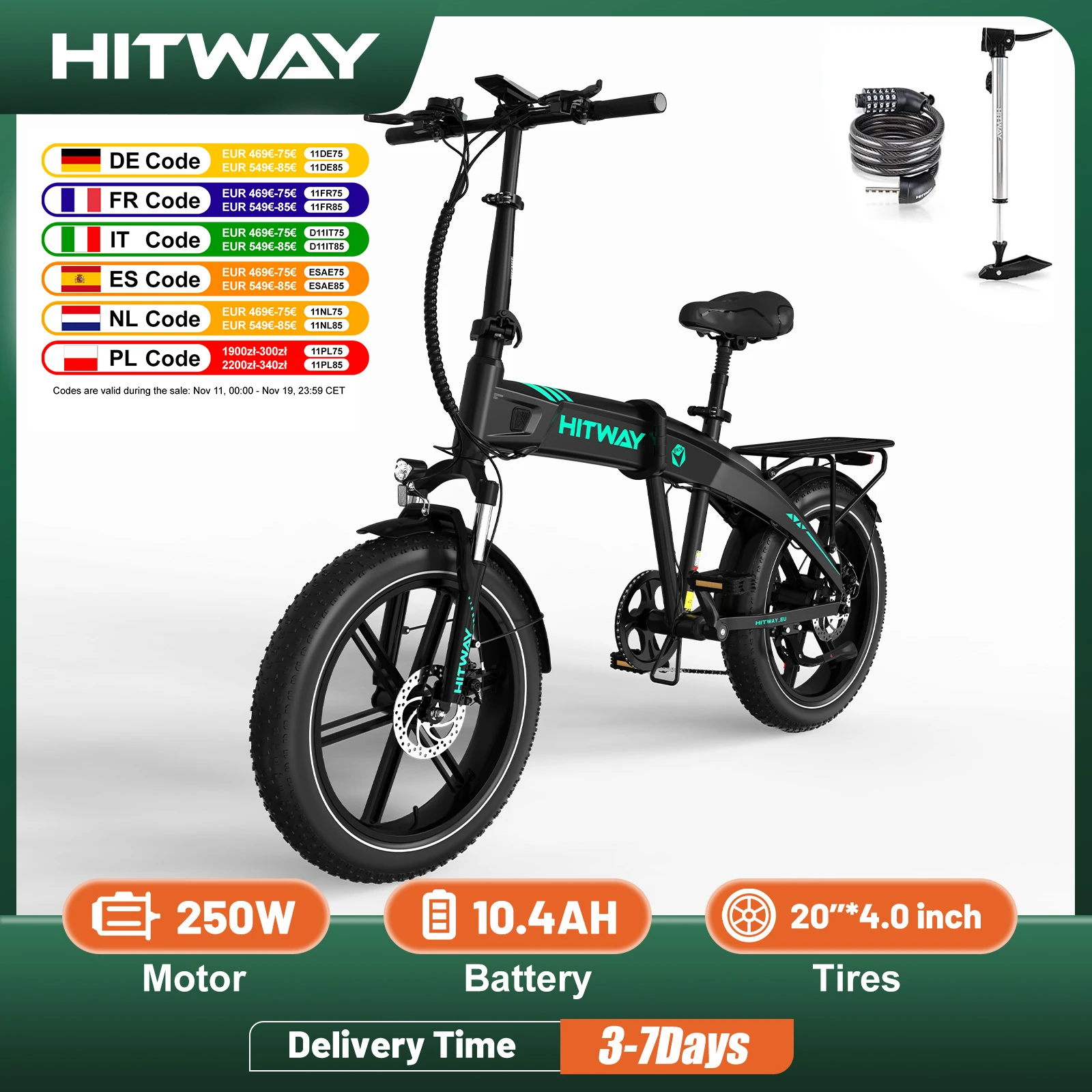 Hitway 20*4.0 "Elektro fahrrad, 48V 10,4ah Batterie bis 50-10,4 km, 250W Motor Fett Reifen E-Bike, faltbare Elektro fahrräder 1