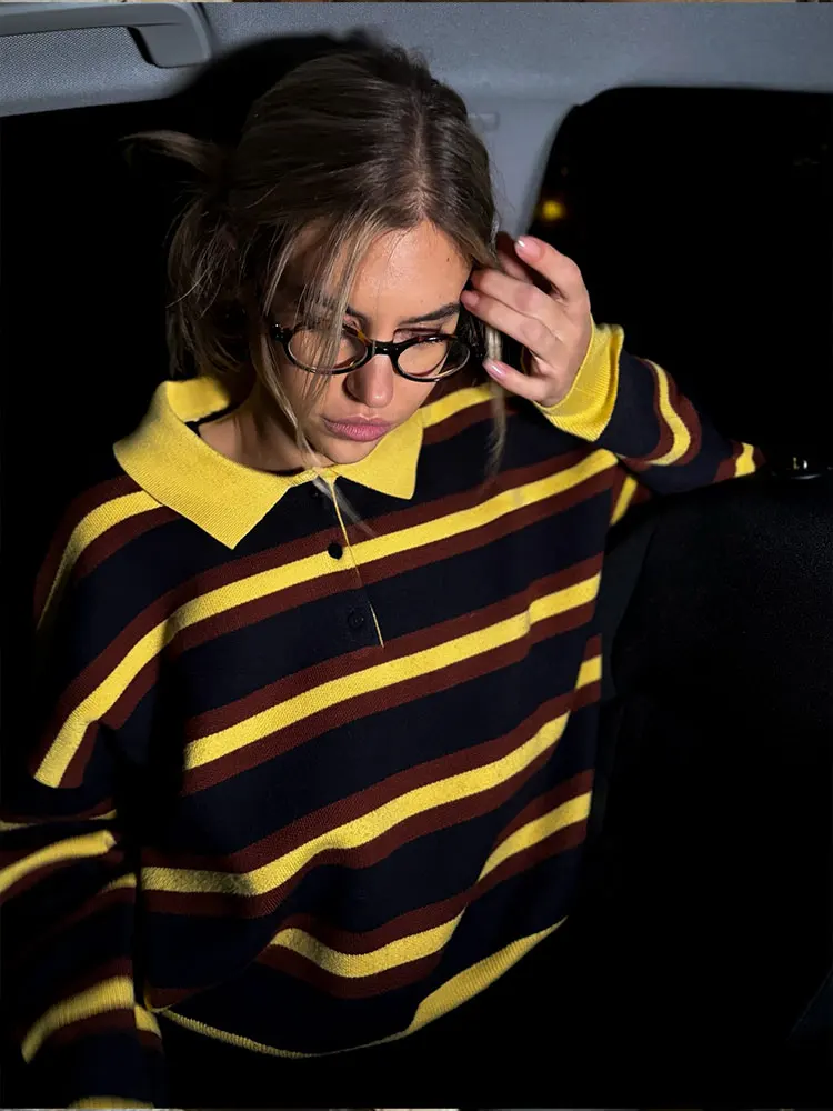 HH Women Trend Casual Striped Knitted Pullover Sweater Lapel Long Sleeve Sweater Shirt Spring Fashion High Street Lady Chic Tops