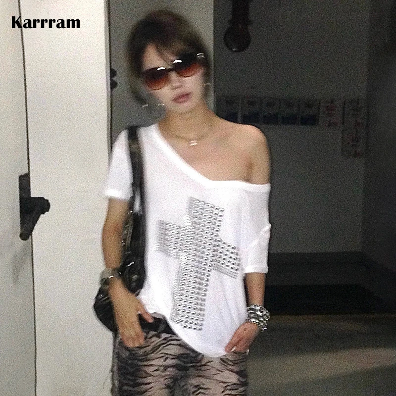 Karrram Japanese Y2k Metal Cross Print T-shirt Trashy 2000s V-neck Sheer Tops Vintage Harajuku Short Sleeve Streetwear Grunge