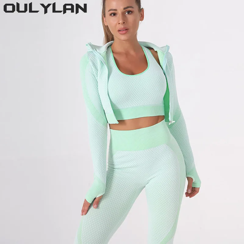

Oulylan 3pcs Seamless Workout Sports Bra Fitness Yoga Set Women Outfits Sets Yoga Sportswear Tracksuit Leggings and Stretch