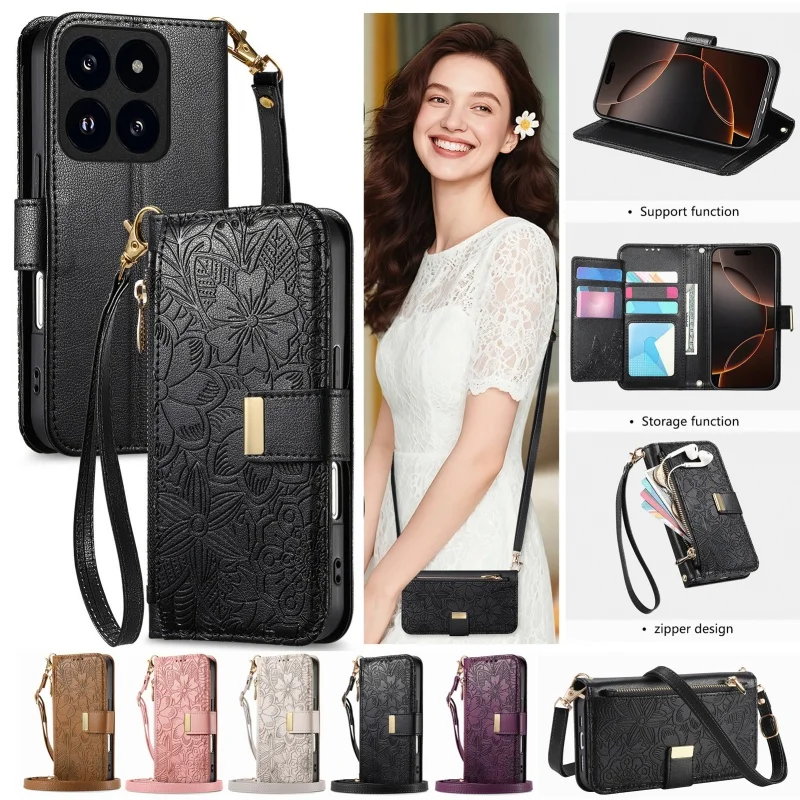 Floral Leaf Design Flip Leather Phone Case with Wrist Strap and Zipper Wallet
