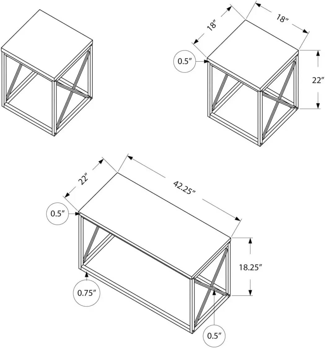 Table Set, 3pcs Set, Coffee, End, Side, Accent, Living Room, Metal, Laminate, White Marble Look, Grey, Contemporary, Modern