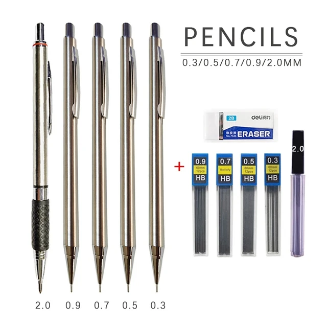 Metal Mechanical Pencils Set with Lead Refills Drafting Automatic Pencil  0.3, 0.5, 0.7, 0.9, 1.3, 2.0mm 2B HB For Art Supplie - AliExpress