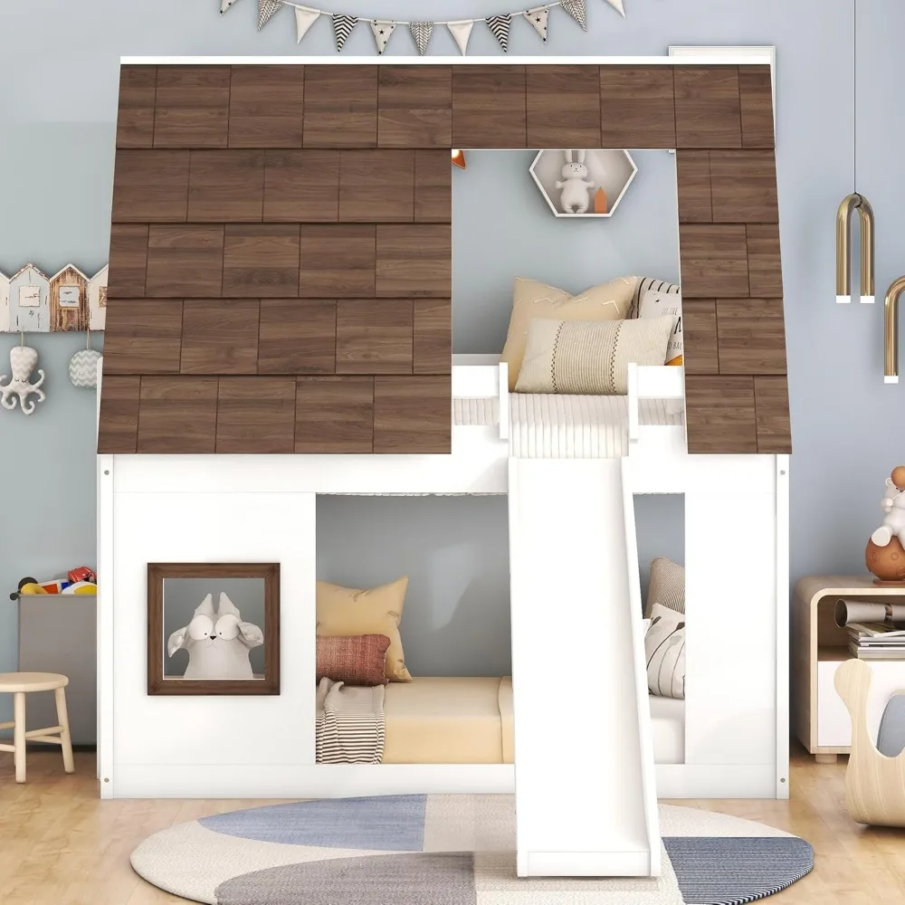 Twin Over Twin House Bunk Bed Frame with Roof,Window,Ladder and Slide for Boys Girls, White & Brown 4