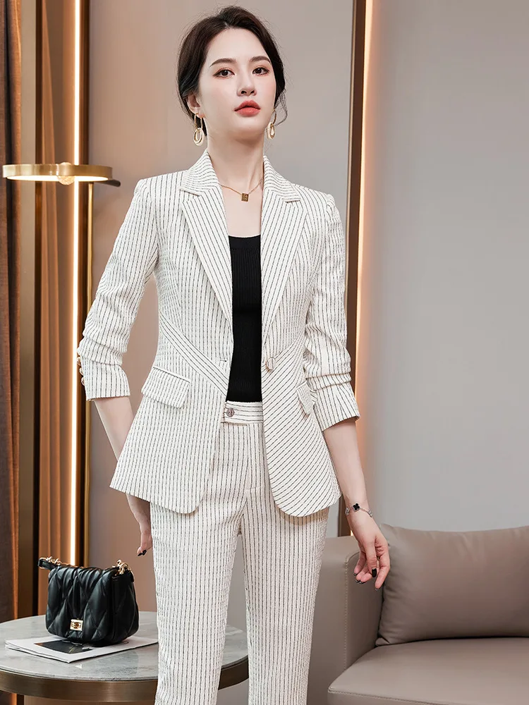 2023 Autumn Winter Elegant White Pink Green Striped Business Blazers Suits Ladies Professional Work OL Styles Groups of Pant