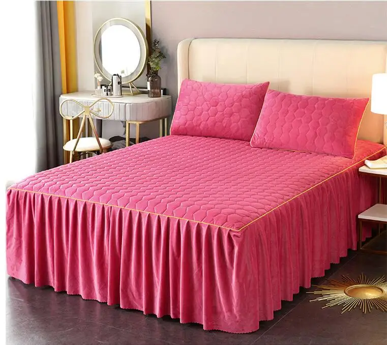 Crystal velvet bed skirt with cotton clip three piece set thickened anti slip bed cover milk velvet warm cover