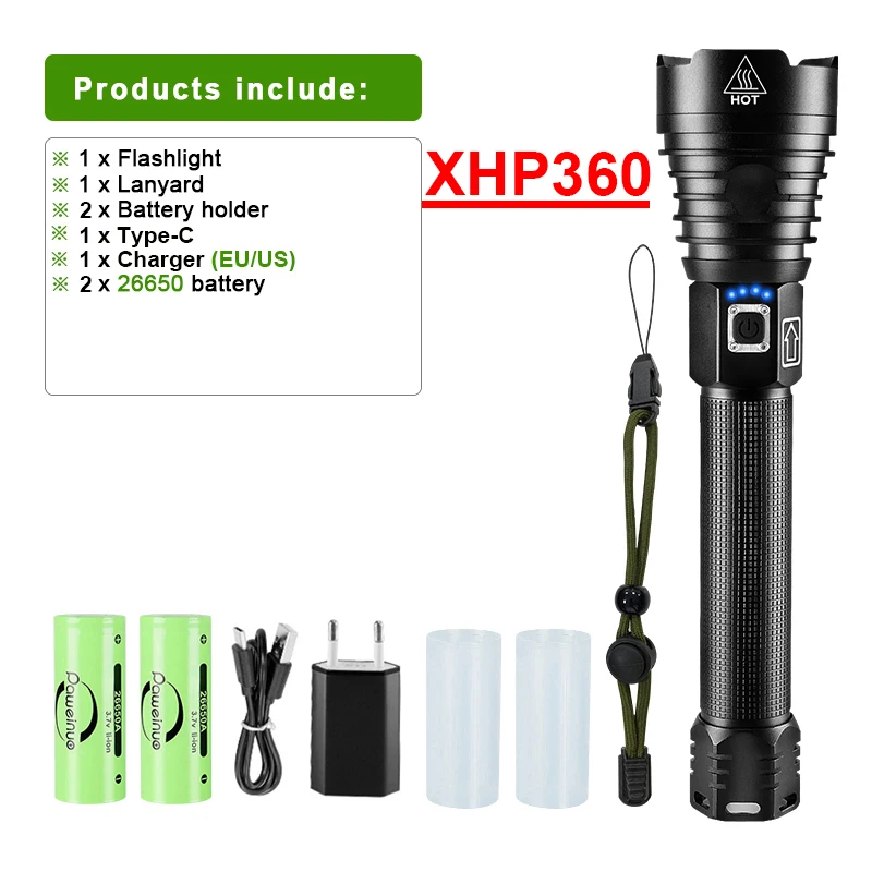 Linterna Led de alta potencia XHP360, linterna táctica recargable por USB,  10000 lúmenes, resistente al agua, portátil, para acampar, novedad -  AliExpress