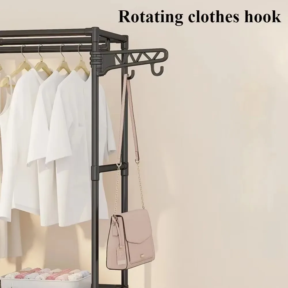 Double-Row Coat Rack Floor Standing Clothes and Shoes Storage Shelf Simple Assembly Large Capacity Wardrobe Hangers