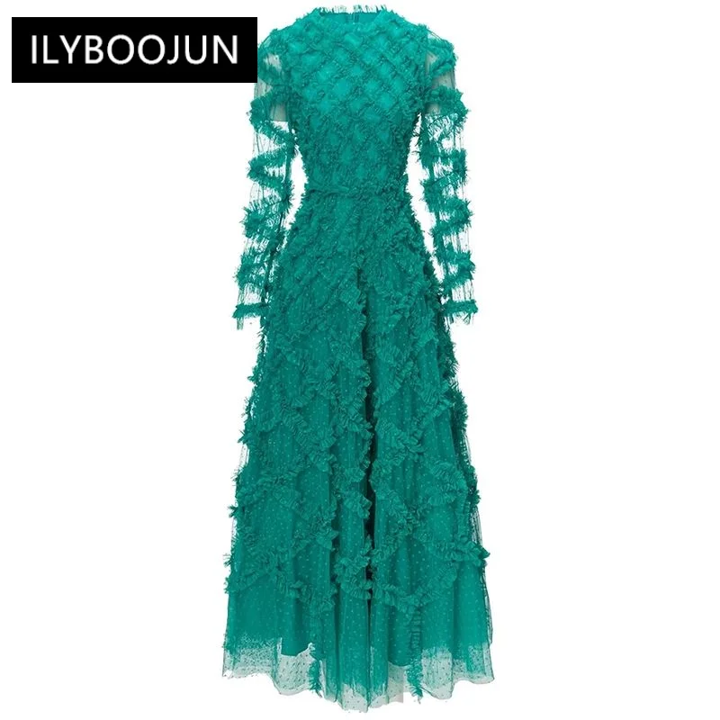 

Fashion Designer Autumn Dot Mesh Dress Women O-Neck Long Sleeve Tiered Ruffles Elegant Party Long Dresses