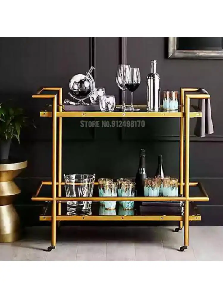 Nordic golden wrought iron dining car two-layer red wine and beverage racks metal storage hot pot shop mobile cart