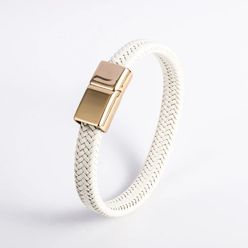 Unisex Trend Bangle Couple Jewelry White Woven Leather Metal Magnetic Button Bracelet