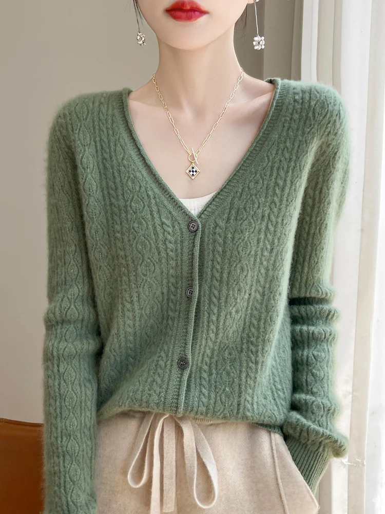 Autumn Winter Women 100% Merino Wool Cardigan Cashmere V-neck Sweater Curled Twisted Hollow Out Knitwear Bottoming Clothing Tops 6