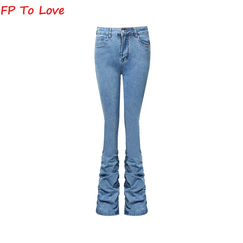 FP To Love Woman Vintage Flare Wide Leg Jeans Pleated 2022SS Spring Autumn Stylish Blue Black Denim Long Stretch Trousers chrome hearts jeans