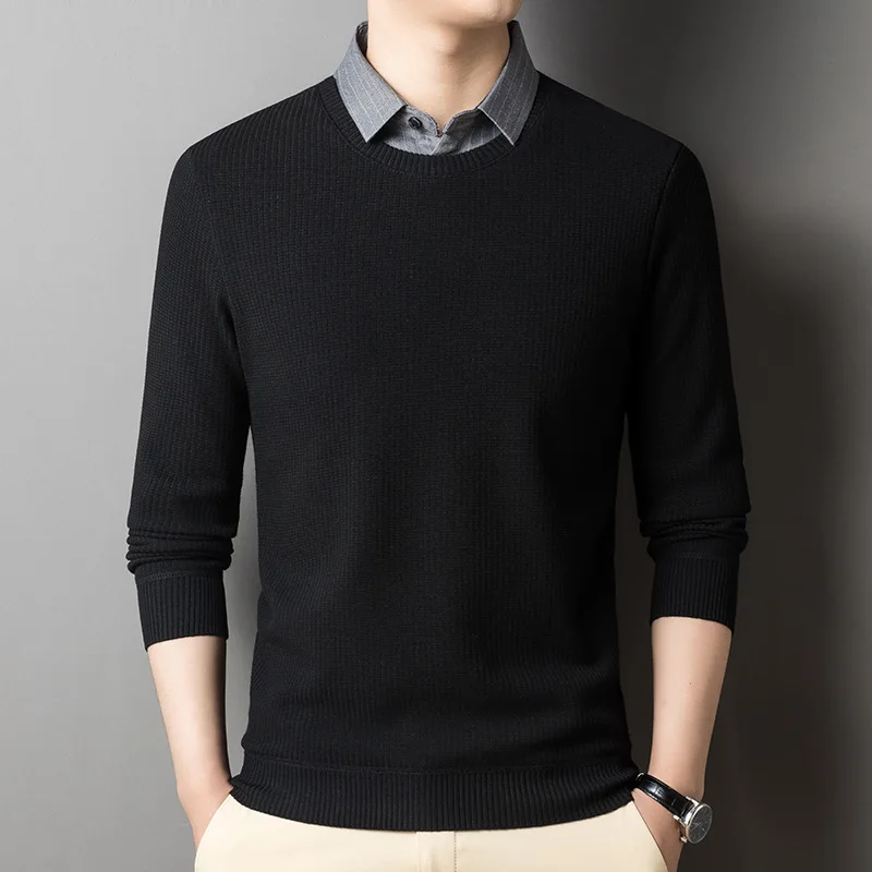 Autumn Winter Men's Pullover Turn-down Collar Solid Screw Thread Long Sleeve Sweater Knitted Undershirt Loose Casual Formal Tops