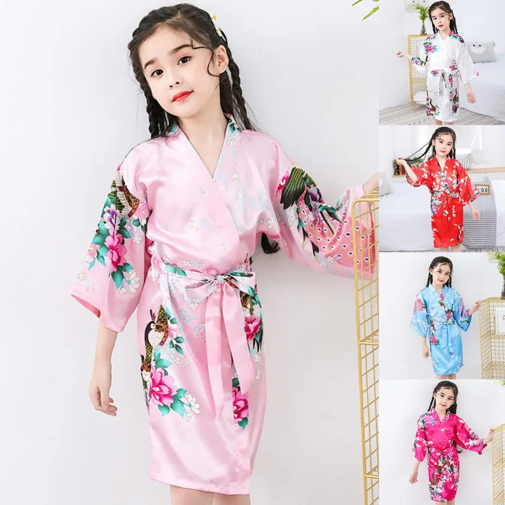 Comfortable Girls Children Long-Sleeve Floral Printing Dressing Gown Bath Robe Sleepwear For Home Daily Wear