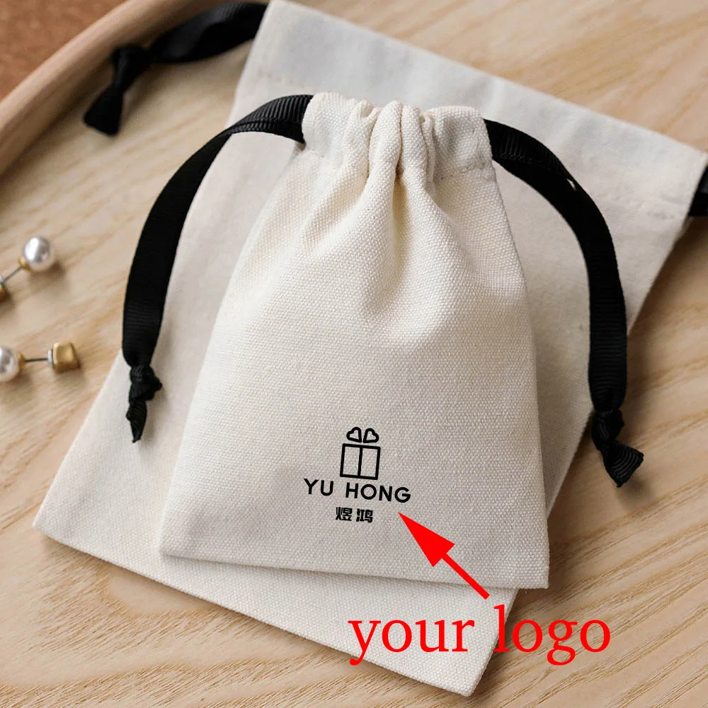 Custom Beige Cotton Small Bags Jewelry Packaging Business Logo Gift Bag Drawstring Pouch Party Wedding Goody Earrings Ring Pack