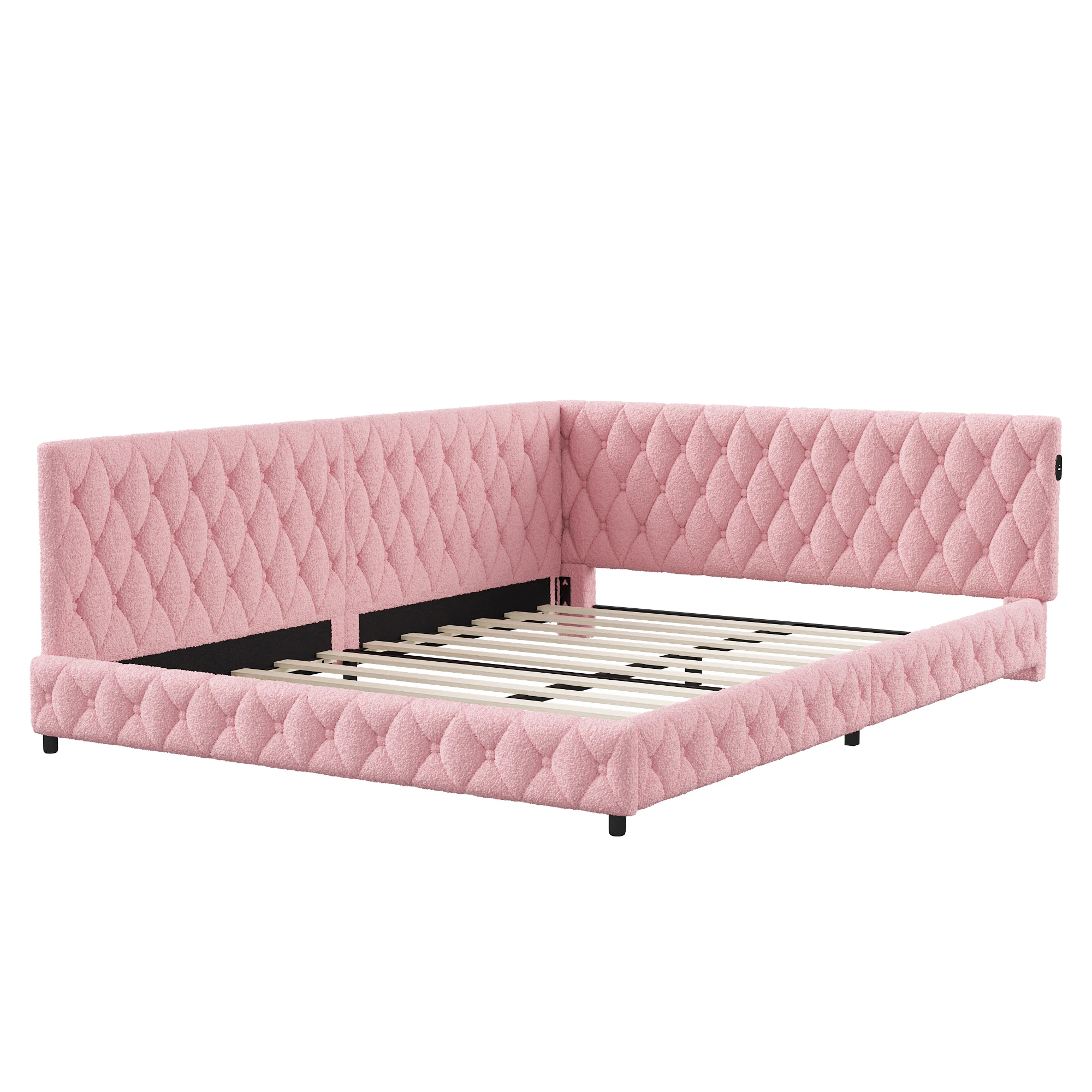 Superaly 140x200cm Polsterbett, L-förmiger Bettrahmen, Jugendbett mit LED-Beleuchtung und USB-Ladefunktion, Teddy-Samt, Rosa – Detail 13
