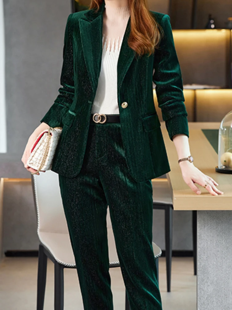 

Women Fashion Elegant Velvet Business Trousers Suit Autumn Slim Formal Vintage Blazer Pantsuits Femme Two Pieces Set Workwear