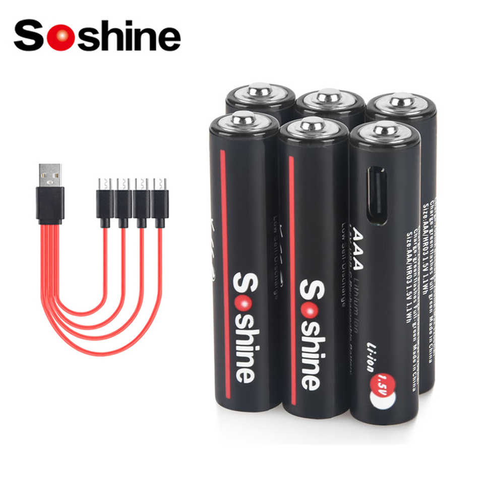 Soshine 1.5V AAA 1100mWh Rechargeable Battery USB 1100mWh Lithium Batteries 1000 Times Cycle for Remote Control Wireless Mouse