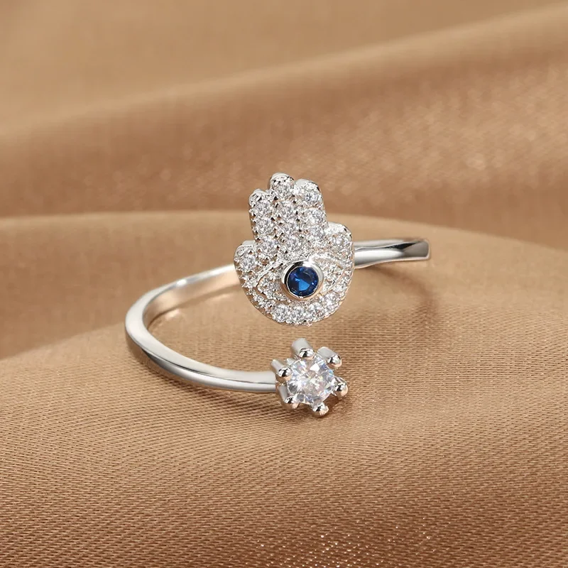 Bracciale Hamsa Mano Di Fatima In Argento 925 Con Occhio Di Allah E Zirconi - Blu