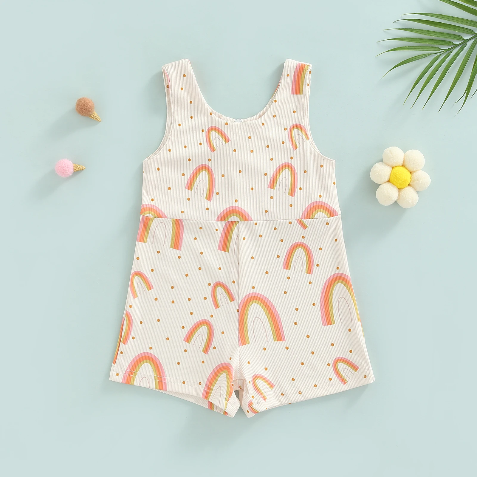 Infant Girl Sleeveless Romper with Flower Rainbow Pattern, Casual Style Loose Version Summer Clothing
