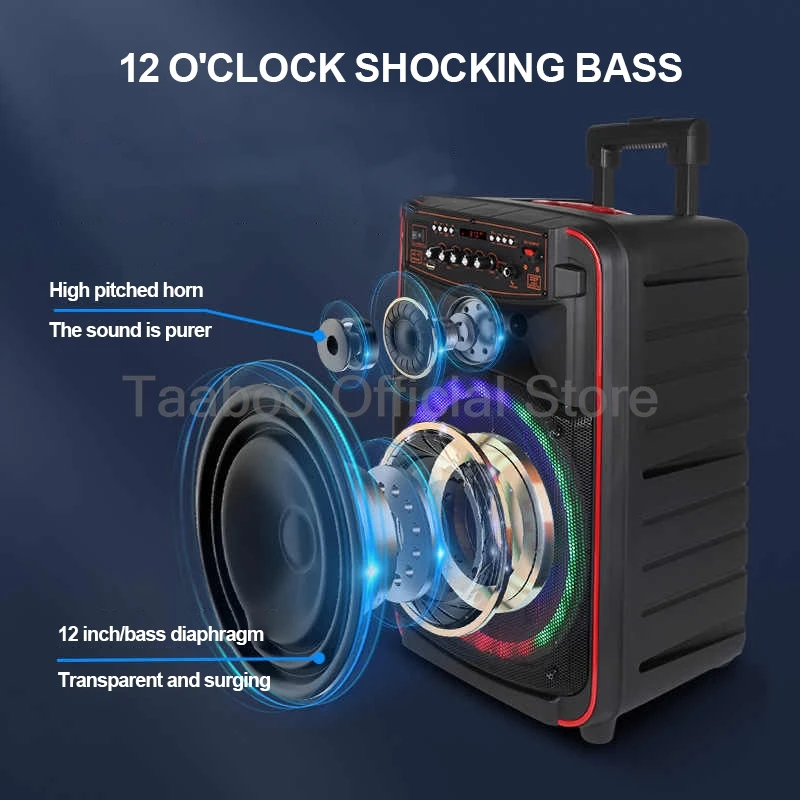 12 Inch Audience Bluetooth Speaker Outdoor Portable Karaoke Trolley With Wireless Dual MIC Remote Control Pull Rod Subwoofer