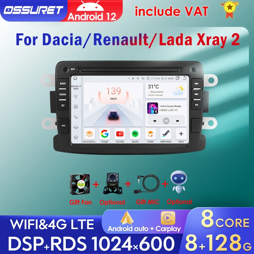 Android 12 Autoradio Per Dacia Sandero Duster Renault Captur Lada Xray 2 Logan 2 Lettore Multimediale Navigazione Gps Carplay 2Din