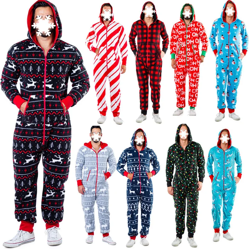 Christmas Autumn Winter One Piece Pajamas Valentine's Day Couple Dress Hooded Love Print Homewear Zipper Sleepwear