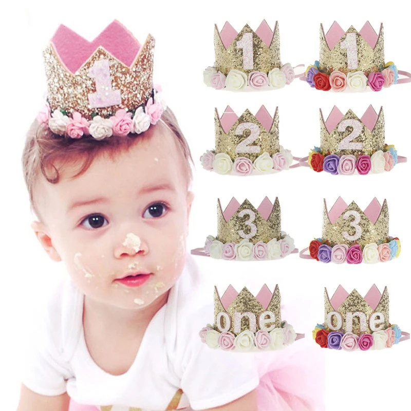Baby Birthday Decoration Girl 1 2 3 Years Baby Crown Hat Pink White Flower Sequins 1st birthday Photo Prop Happy Birthday Gifts baby crown hat