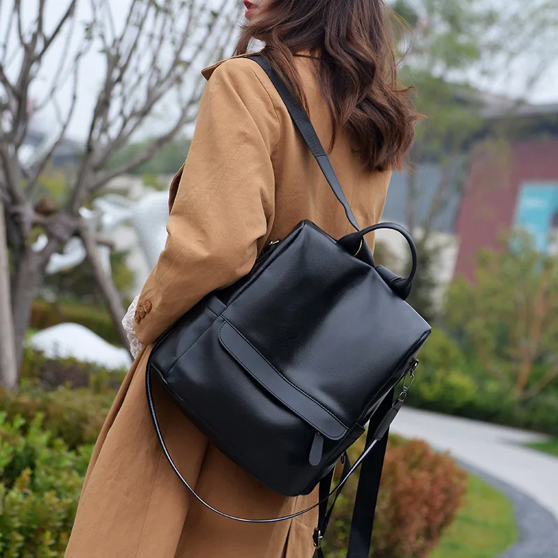 2024 New Anti-theft Backpack Female Korean Version of Solid Color Fashion PU Leather Retro Schoolbag Travel Bag Wholesale
