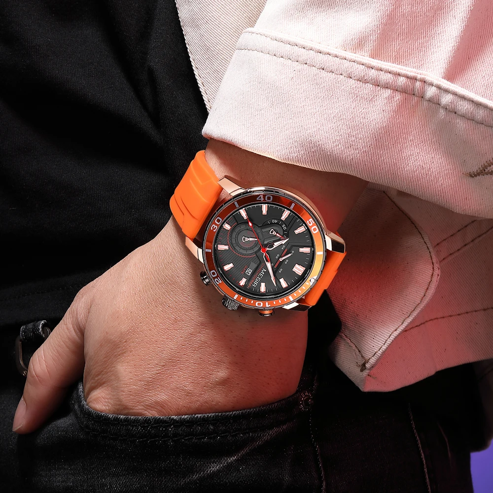 Men's Sport Chronograph Watch with Orange Silicone Strap - Fashionable Waterproof Wristwatch with Luminous Hands and Auto Date Function
