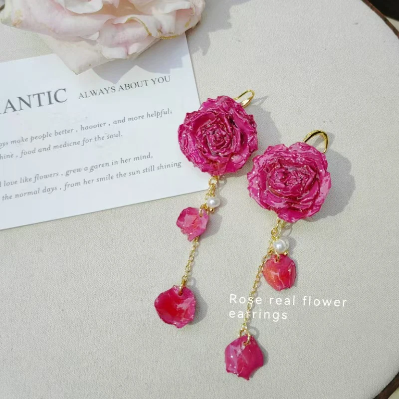 Elegant Immortal Rose Long Earrings Epoxy Resin Real Rose Flower 10