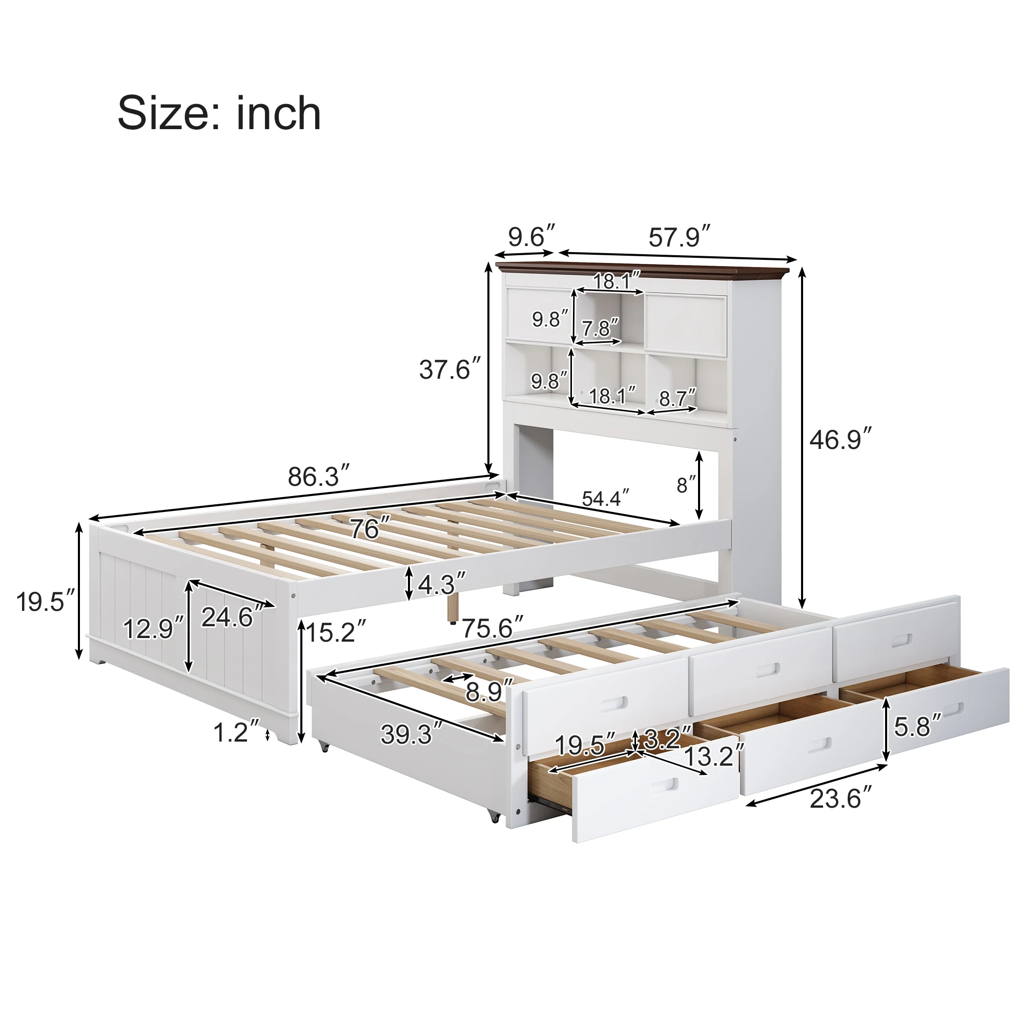 Solid Pine Captain Bookcase Bed with Trundle Bed and 3 Spacious Under Bed Drawers in Casual,Full, White+Walnut 3