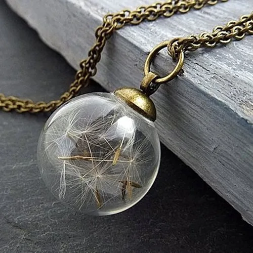 Round Orb Dandelion Dried Flower Pendant Necklace Charm Natural Dandelion Glass Ball Transparent Lucky Wish Glass Vial Jewelry